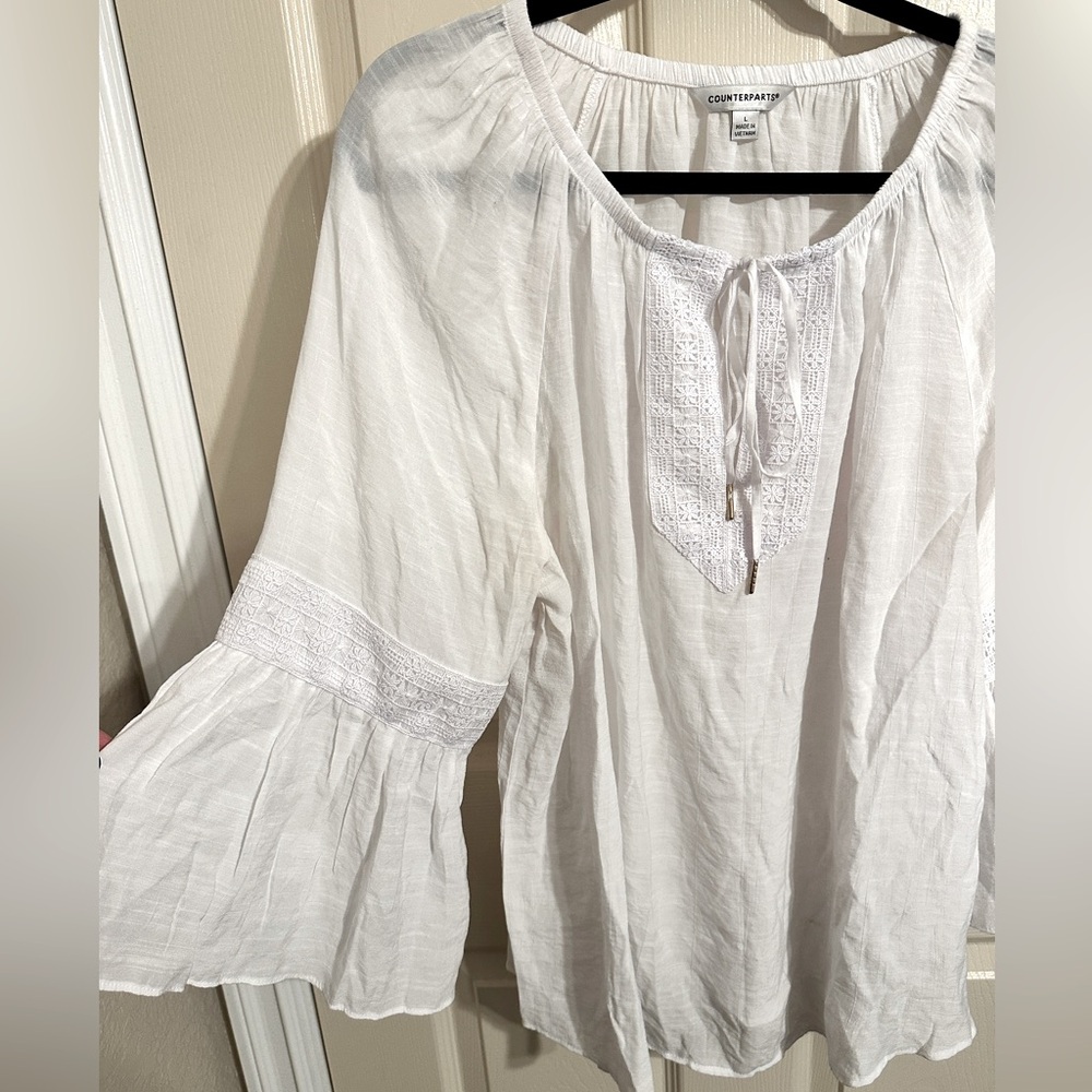Counterparts Sheer Boho Tunic Blouse w Tie Front & 3/4 Bell Sleeves, White, Sz L - Picture 3 of 6
